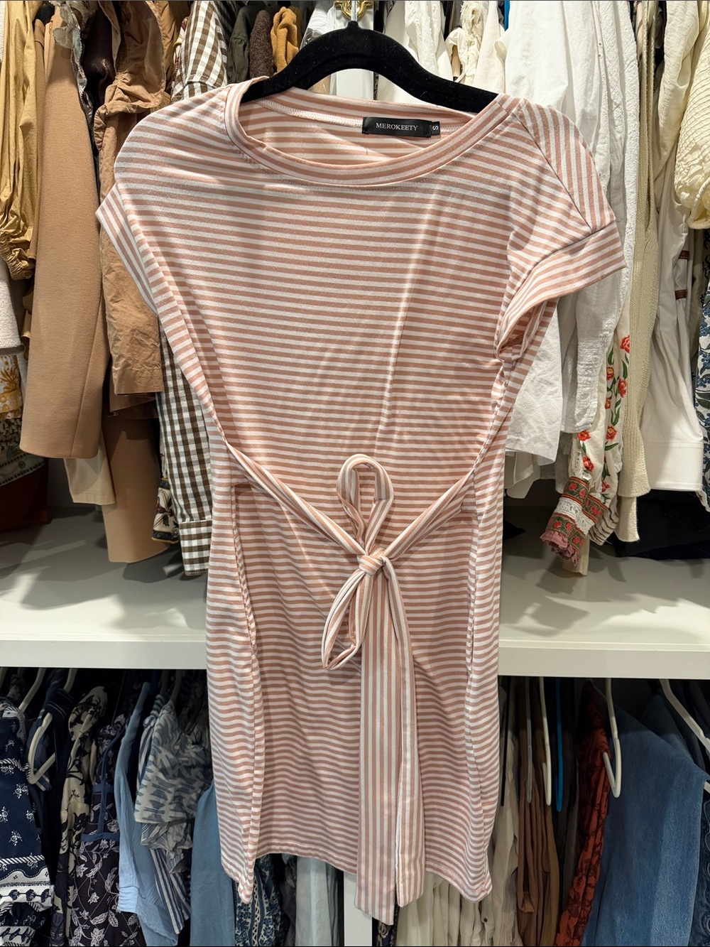 Striped Tie-Waist Tee Dress in Blush